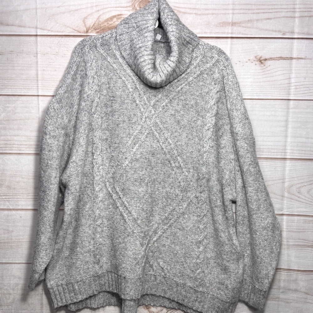 Ophelia Roe Womens 2X Grey Cable Knit Turtleneck Sweater Wool Blend Oversized